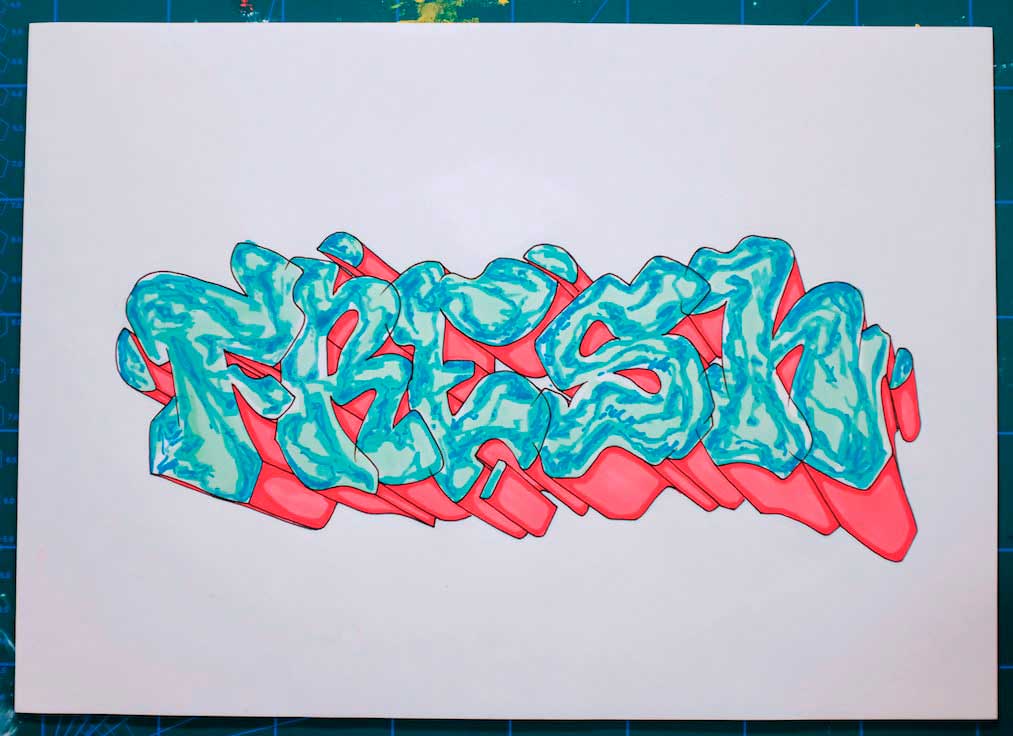 Gaffiti text Fresh on paper